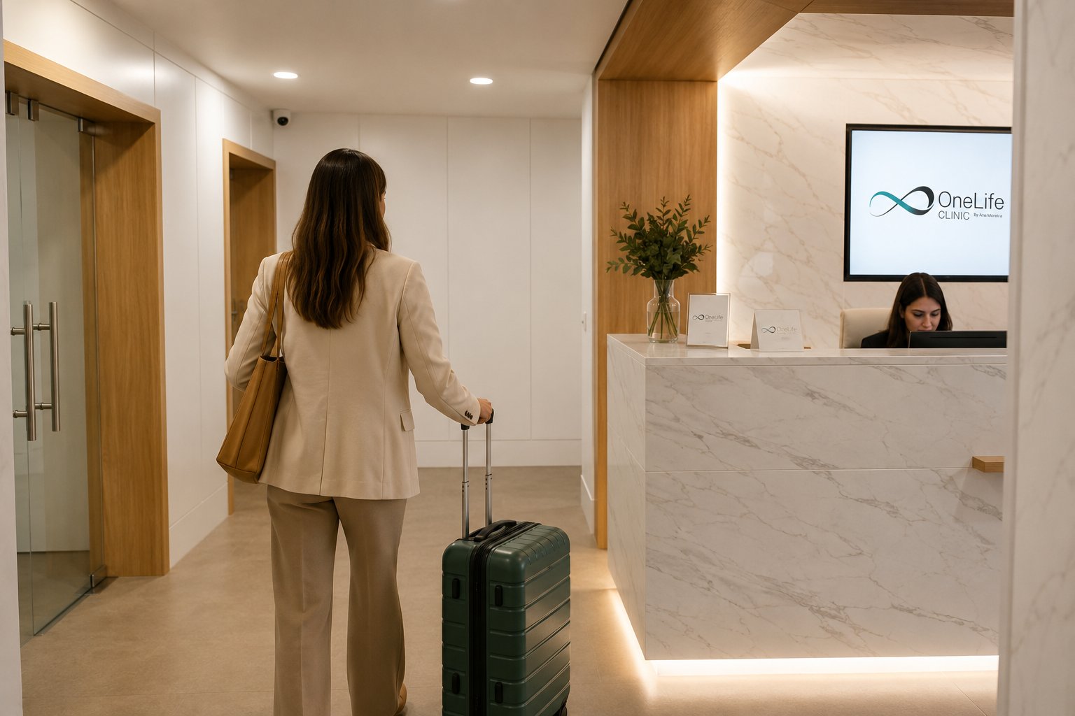 Paciente internacional a chegar à receção da OneLife Clinic no Porto