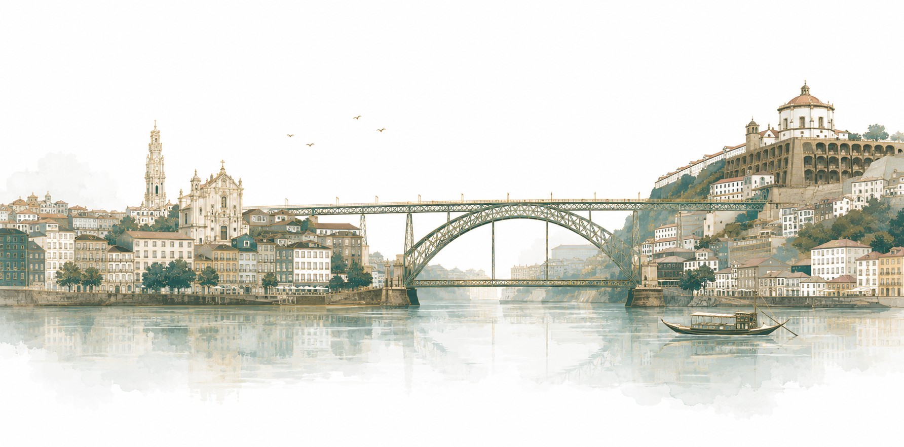 Ilustração do horizonte do Porto com a Ponte D. Luís I sobre o rio Douro