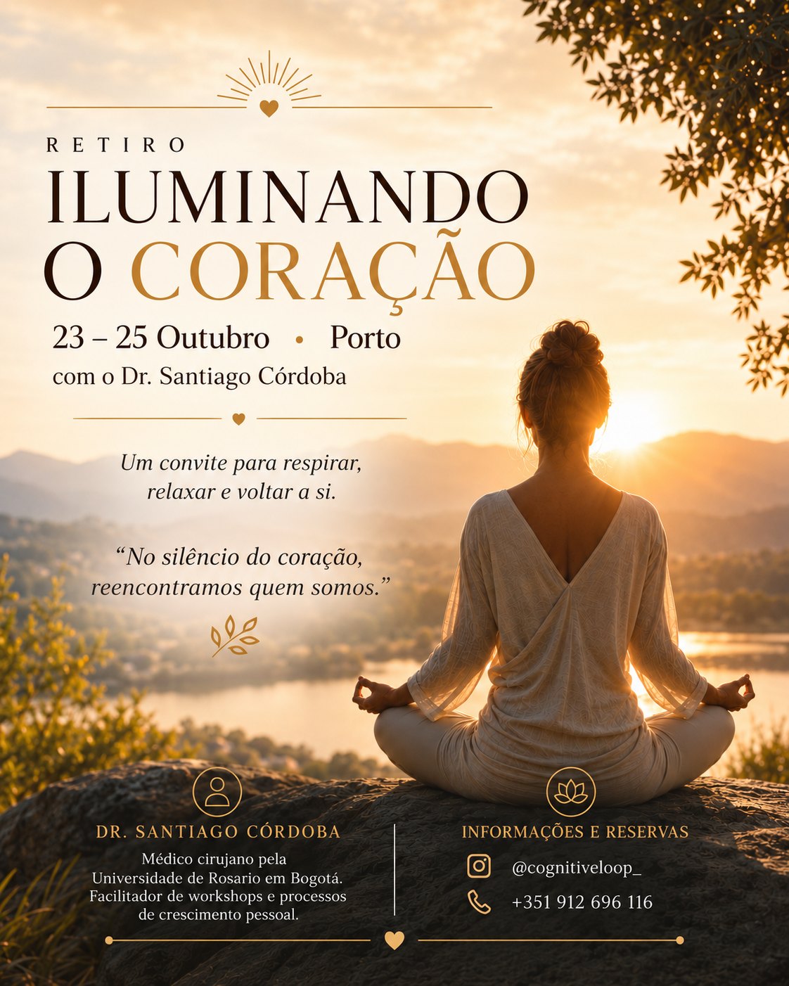 Retiro Iluminando o Coração, com Santiago Córdoba. 23 a 25 de outubro, Porto. Informações e reservas: +351 912 696 116.